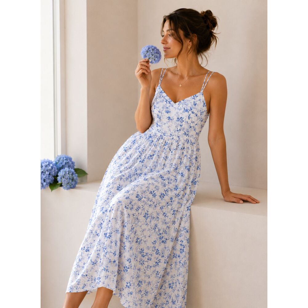 Joie Size 14 Blue Floral Empire Waist Midi Dress Cottagecore Romance Feminine